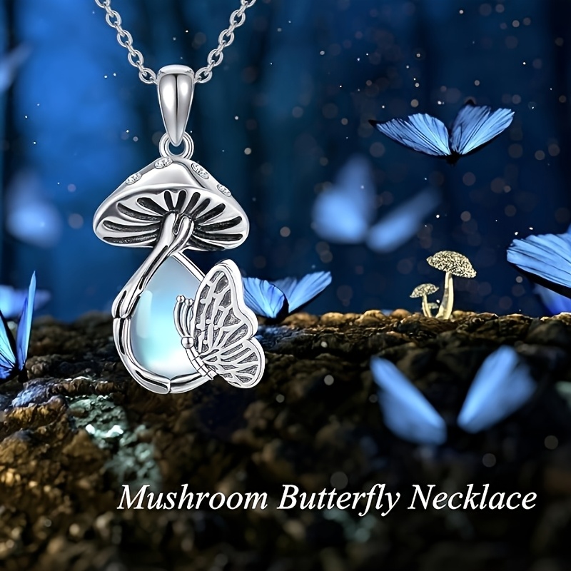 Women's S925 Silver Mushroom & Butterfly Pendant Necklace